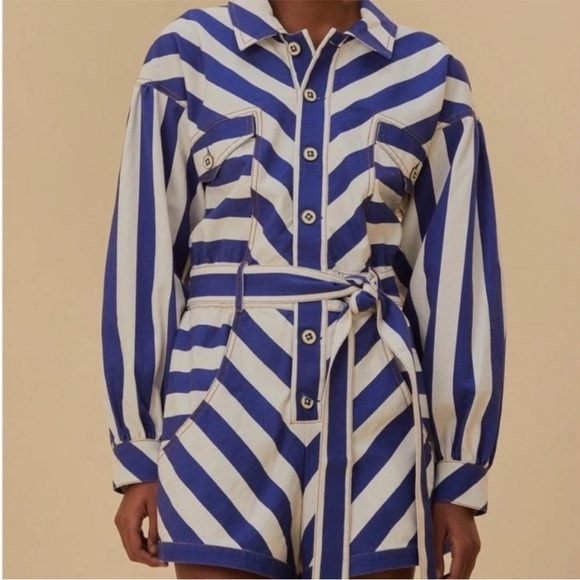 NWT FARM Rio Women’s Blue and White Striped Printed Romper Jumpsuit Tie Belt XXS - Picture 7 of 16